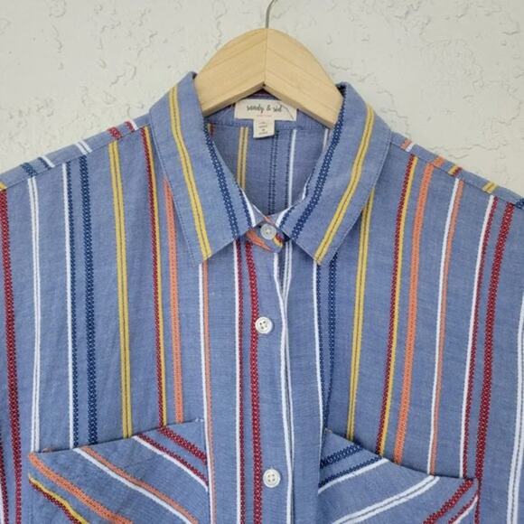 Sandy & Sid Striped Knot Button Down Blouse Womens Size M Blue Multi Cropped - Picture 2 of 10